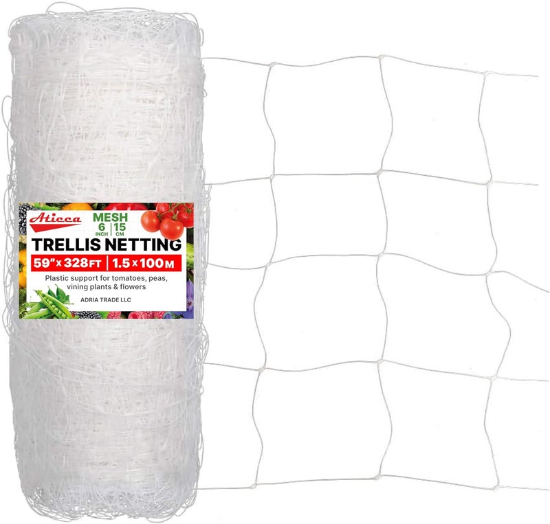 Aticca Plastic Trellis Netting 59" x 328 ft Heavy Duty Plant Support Netting White - 6 Inch Garden Trellis on Roll - Mesh for Growing Vine Climbing Plants, Flowers, Peas, and Cucumber - Image 1